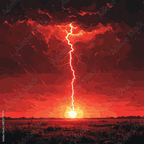 A dramatic digital art illustration of a powerful lightning bolt striking a savanna landscape during a fiery sunset e , vector style simple color