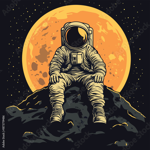 Astronaut on the Moon Space Exploration Illustration , vector style simple color