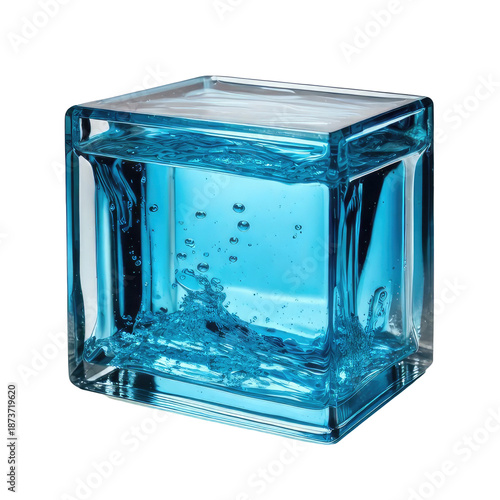 Cubic glass container holding swirling blue liquid