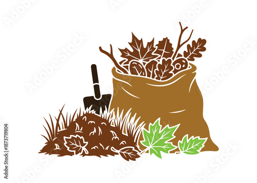 Yard waste collection icon. Organic materials from home lawns and gardens. Grass clippings, leaves, and branches. Vector illustration isolated.