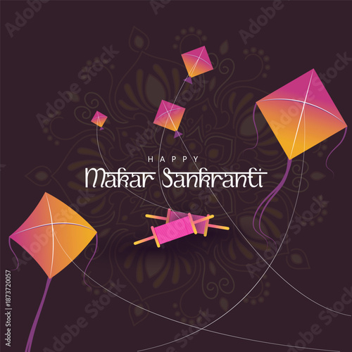 Makar Sankranti celebration banner featuring flying kites and traditional firki reels on a decorative dark backdrop; premium vector illustration for Hindu kite festival and winter solstice.