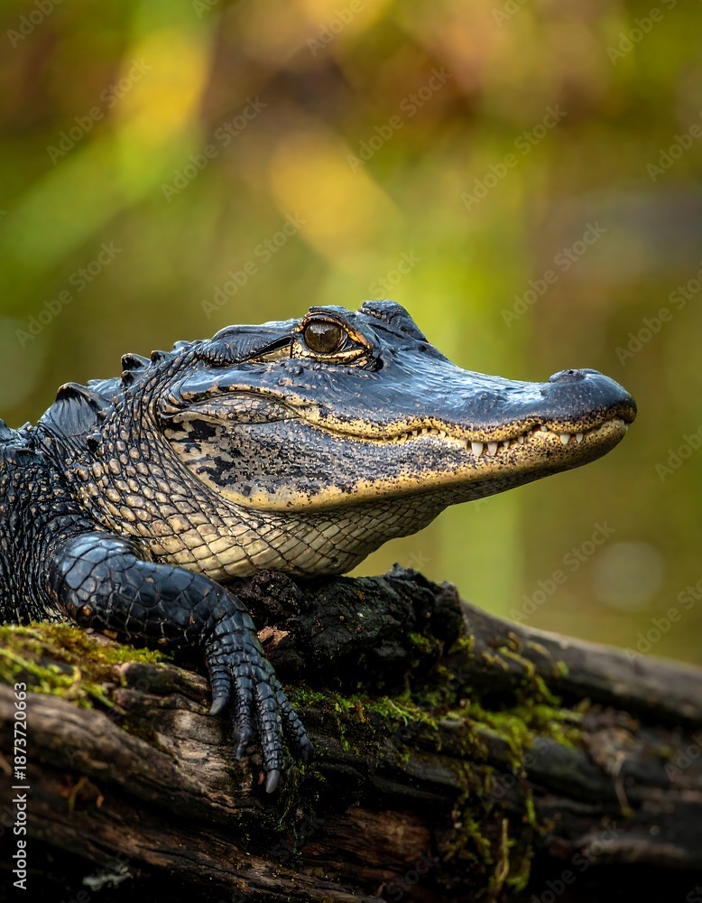 Obraz premium A close-up portrait of a dark alligator resting on a log