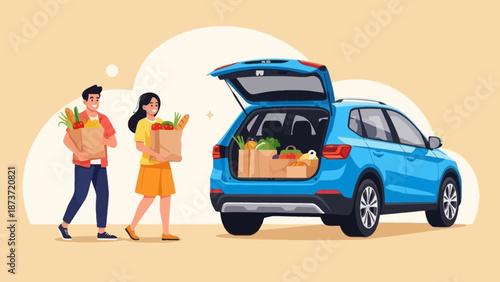 Young happy couple carrying paper bags full of fresh groceries and walking towards a blue SUV car with open trunk for loading food in flat vector illustration style for shopping concept.