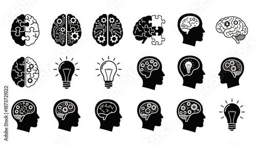 Collection of mental health and brain icons featuring head silhouettes with gears, puzzle pieces, and light bulbs representing logic, creativity, and complex problem solving concepts.