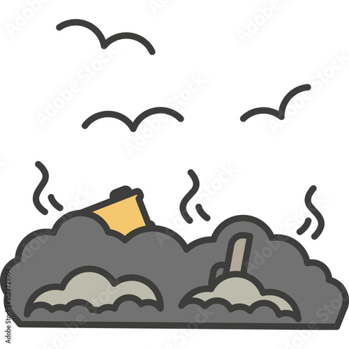 Cartoon pile of trash with birds overhead