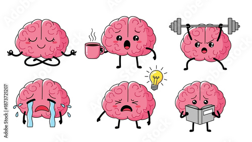 Cute Human Brain Cartoon Characters Collection Expressing Various Activities and Emotions such as Yoga Meditation Drinking Coffee Weightlifting Crying and Reading for Mental Wellness Concepts