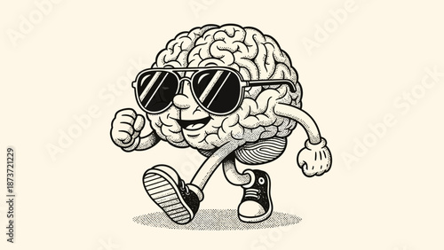 Cool brain character wearing sunglasses and sneakers walking confidently, representing mental wellness, creative intelligence, and a positive mindset in a vintage cartoon style.