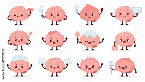 Large Collection of Cute Human Brain Cartoon Characters Representing Different Medical Conditions Symptoms and Treatments such as Fever Headache Medication and Mental Health Support Concepts