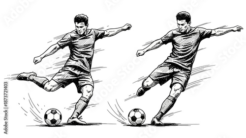 Dynamic black and white sketch of professional soccer players kicking a ball, capturing athletic power, speed, and movement for sports competition and training themes.
