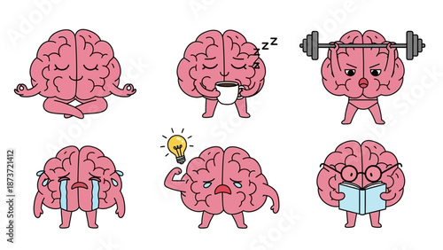 Mental health and psychology concept featuring a set of cute brain cartoon characters representing different emotions and activities like meditation, stress, exercise, reading, and exhaustion.