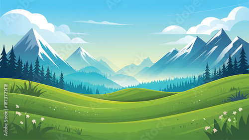 Vibrant Green Rolling Hills Meet Majestic Snow-Capped Mountains Under a Clear Blue Sky