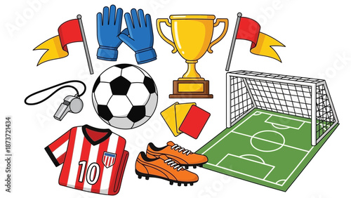 Comprehensive Set of Soccer and Football Equipment Icons Including Ball Goal Post Trophy Jersey Cleats Yellow and Red Cards Whistle and Gloves for Sports Competition and Tournament Concept