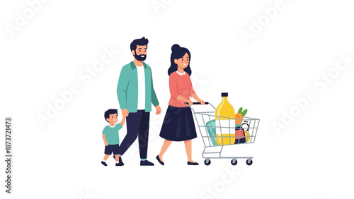 Happy Modern Family with Father Mother and Young Son Walking Together while Pushing a Grocery Trolley Filled with Fresh Food and Household Supplies for a Supermarket Shopping Trip