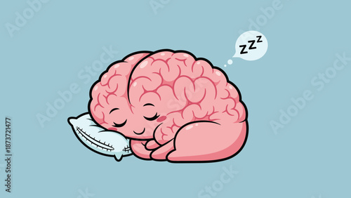Adorable Cartoon Human Brain Character Sleeping Peacefully on a Pillow with Snoring Symbols for Mental Rest Sleep Health Recovery and Relaxation Concept Vector Illustration