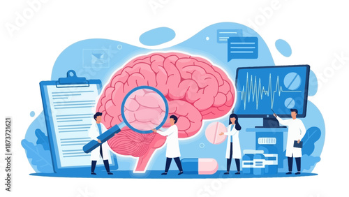 Medical Team of Doctors and Scientists Conducting Neurology Research and Analyzing Human Brain Using Magnifying Glass and Digital Monitoring Tools for Healthcare and Diagnostic Concept