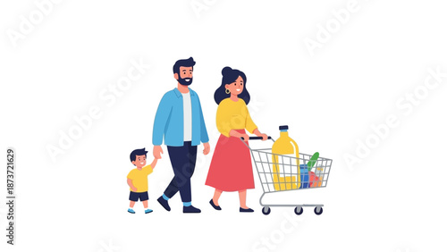 Happy Family with Father Mother and Young Child Going Grocery Shopping Together with a Full Cart in Flat Vector Illustration Style for Retail Consumerism and Parenting Concept