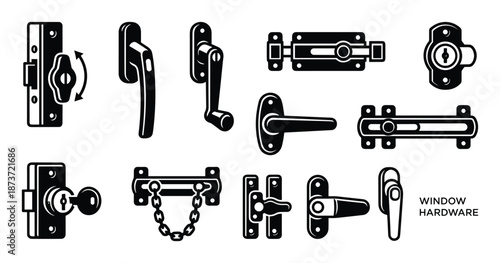 Window Hardware Set Vector Illustration, Door and Window Fittings Isolated On White Background