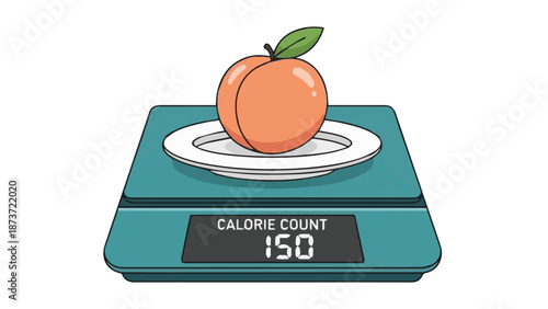 A single peach sits on a digital scale displaying a calorie count of 150, illustrating a concept of healthy eating and portion control
