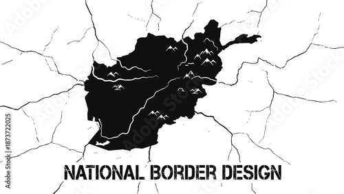 Afghanistan Map Design, National Border Outline, Cracks and Mountains Black and White