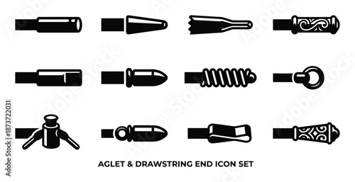 Aglet and Drawstring End Icon Set: Variety of Cord End Designs