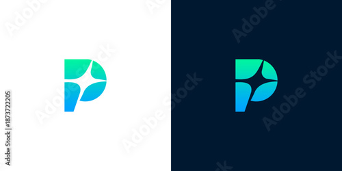 Modern logo design displayed on contrasting white and dark blue backgrounds