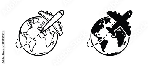 Airplane globe line art design, travel around the world concept black and white