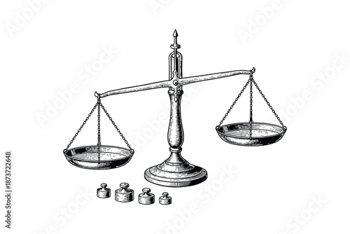 Antique Weighing Scales with Weights Illustration in Detailed Black and White