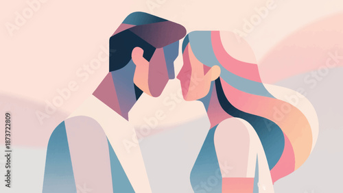 Illustration Of Couple Leaning Forehead To Forehead, Emotional Connection, Soft Focus Vector Design Template