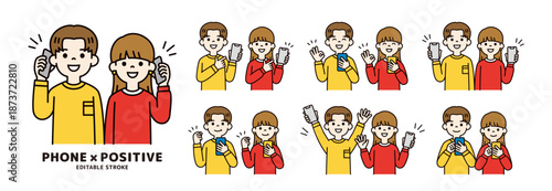 スマートフォンを持った若い男女・学生の様々な表情・ポーズのベクターイラスト素材セット＿カラー