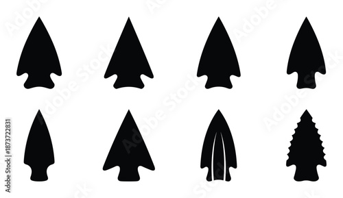 Arrowheads vector silhouettes set, ancient weapon design elements