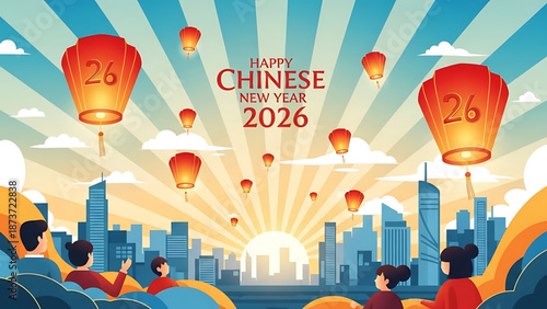 Happy Chinese New Year 2026 Celebration with Lanterns and City Skyline