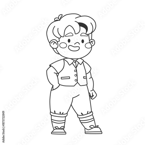 Coloring page of a boy in an evening suit. Cute children's character with vest coloring book page. Line art of a kid character in beautiful clothes.