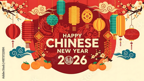 Happy Chinese New Year 2026 Greeting Card Featuring Traditional Lanterns, Clouds, and a Dragon Illustration