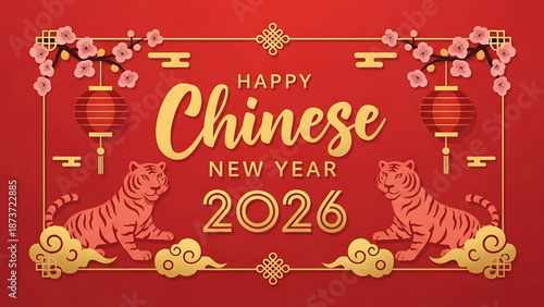 Elegant Chinese New Year 2026 celebration banner illustration featuring powerful tigers, traditional red lanterns, and delicate cherry blossoms on a festive red background