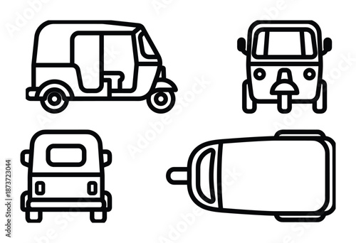 Auto rickshaw four views line art vector illustration, front, side, back and top views, auto rickshaw transport design