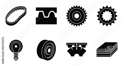Automotive Parts Icons Set: Gears, Timing Belt, Brakes, and Friction Material