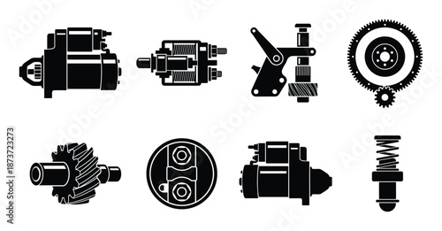 Automotive parts silhouette illustration showing starter motor, engine gear, and spring mechanism
