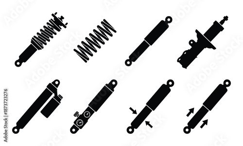Automotive Shocks Silhouettes Set, Suspension System Icons. Vector of auto car shock absorbers parts