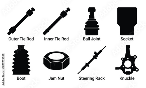 Automotive suspension parts: Outer tie rod, inner tie rod, ball joint, boot, steering rack, jam nut and knuckle