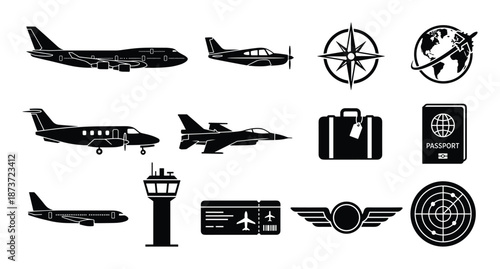 Aviation and travel vector icons: airplanes, passport, tickets, and radar symbols