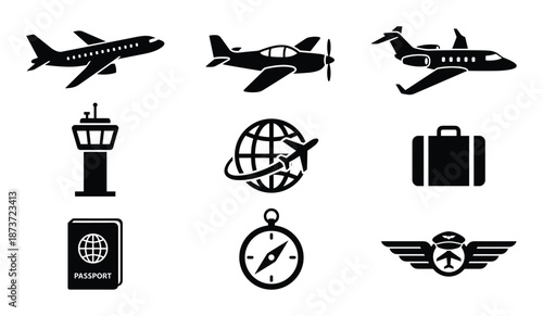 Aviation Travel Icons Set: Planes, Tower, Globe, Luggage, Passport, Compass, and Pilot Wings in Black Silhouette