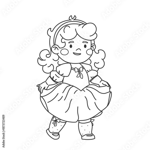 Coloring book page with a girl character. Line art of a children's character in beautiful clothes. Coloring page of a cute girl in an evening dress.