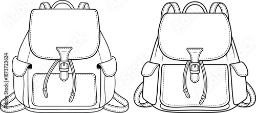 Backpack Design Silhouette with Buckle, Strap, Pockets, and Shoulder Straps, CAD Drawing Flat Vector Illustration for Fashion and Product Development