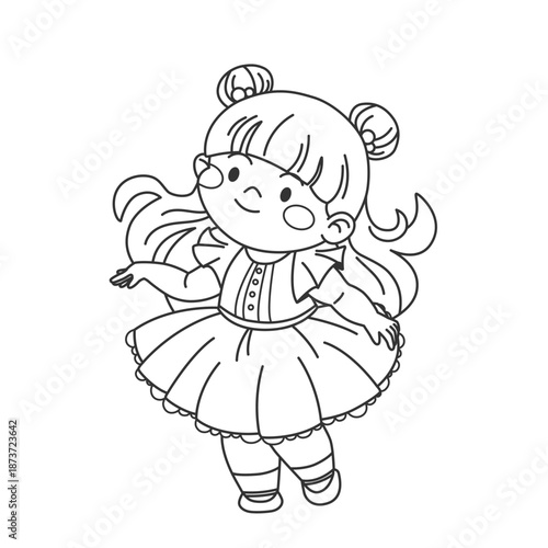Coloring page with a cute girl in an evening dress. Line art of a children's character. Coloring book page of girl in beautiful clothes.