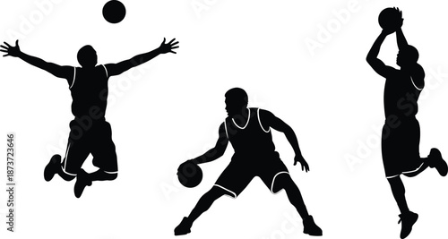 Basketball player silhouettes set, featuring athletic men dribbling, jumping for rebounds, and shooting hoops, perfect for sports competition graphics and fitness projects.