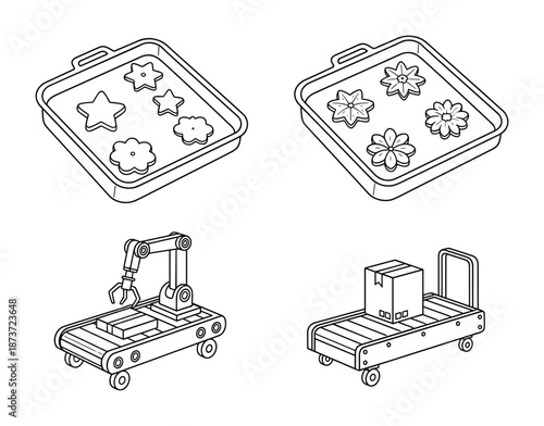 Bakery production line, cookie trays, industrial robot and package on conveyor system