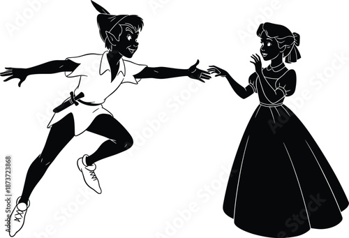 Black and white silhouette vector of a flying boy reaching for a girl, fairytale characters, fantasy adventure concept, nursery wall art, storytelling illustration design.