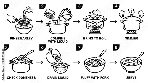 Barley cooking instructions guide with preparation and cooking steps, recipe in eight steps