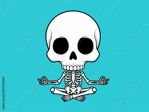 Cute vector illustration of a skeleton meditating with eyes closed and hands in yoga pose on a blue background