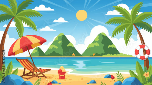 Beautiful beach scene vector illustration with palm trees, beach chair, and umbrella on a sunny day